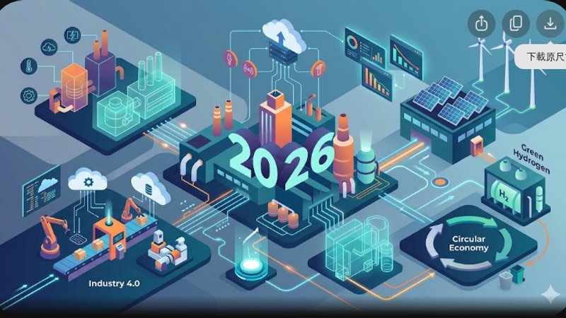 Современная иллюстрация трендов энергоэффективности заводов 2026 года для сайта инженерного консалтинга